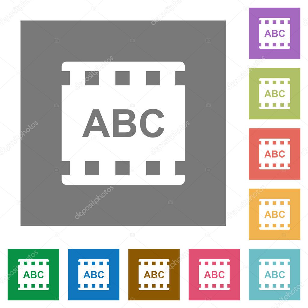 Movie subtitle flat icons on simple color square backgrounds