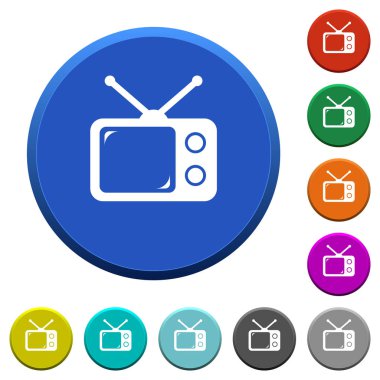 Vintage retro televizyon yuvarlak renk eğimli düğmeleri ile pürüzsüz yüzeylerde ve düz beyaz simgeler