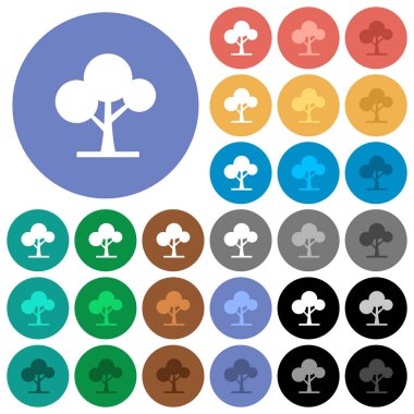 Yapraklı ağaç çok yuvarlak arka planlar üzerinde düz simgeler renkte. Beyaz, açık ve koyu kutsal kişilerin resmi varyasyon vurgulu ve etkin durumu efektleri ve bonus tonları siyah backgounds tarih dahil.