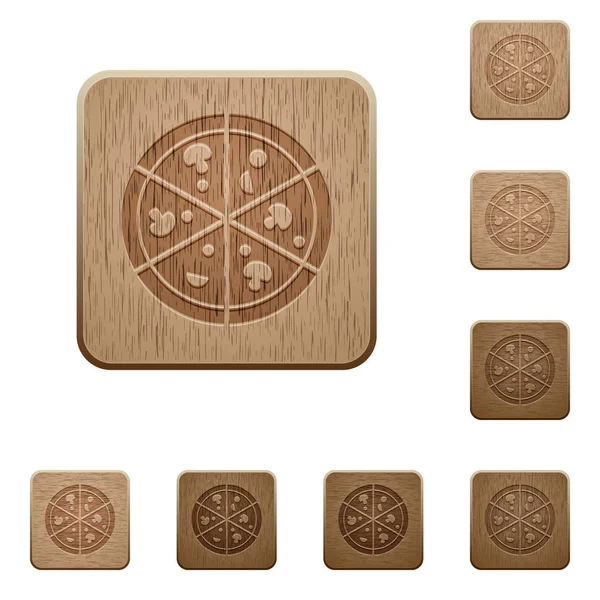 角丸正方形のピザ彫刻木製ボタンのスタイル — ストックベクタ