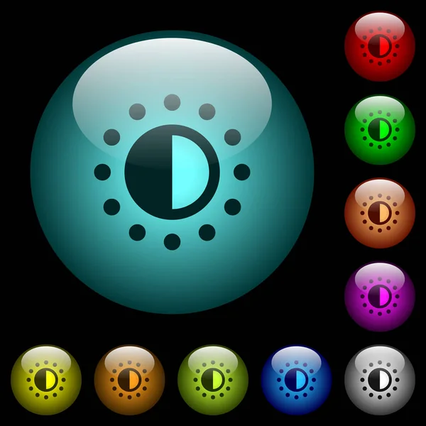 在黑色背景下彩色亮球形玻璃按钮的饱和控制图标 可用于黑色或深色模板 — 图库矢量图片