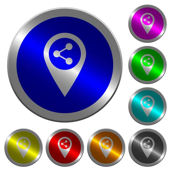 Compartir Gps Mapa Ubicación Iconos Redondo Luminoso Moneda Como Botones — Vector de stock