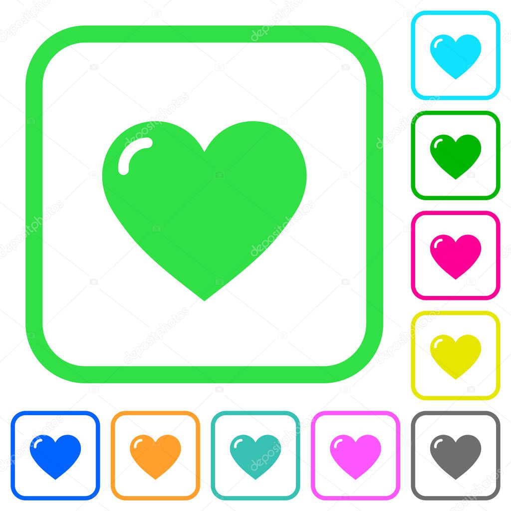 Heart shape vivid colored flat icons in curved borders on white background