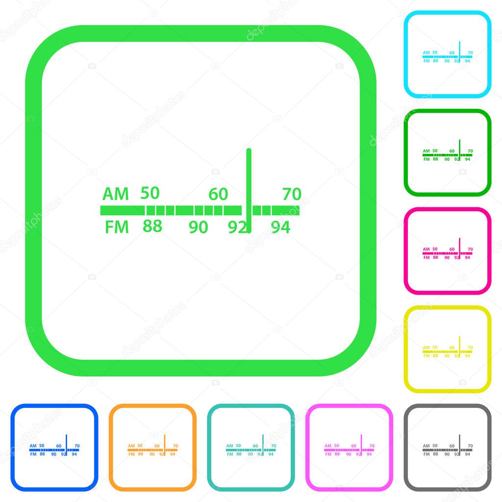 Radio tuner vivid colored flat icons in curved borders on white background