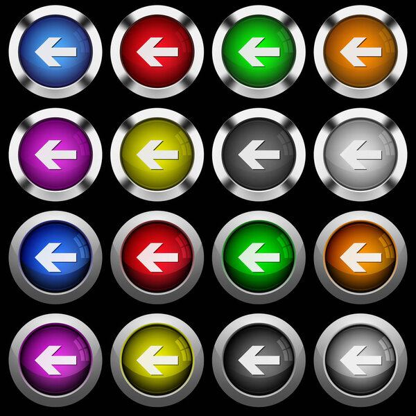 Left arrow white icons in round glossy buttons with steel frames on black background. The buttons are in two different styles and eight colors.