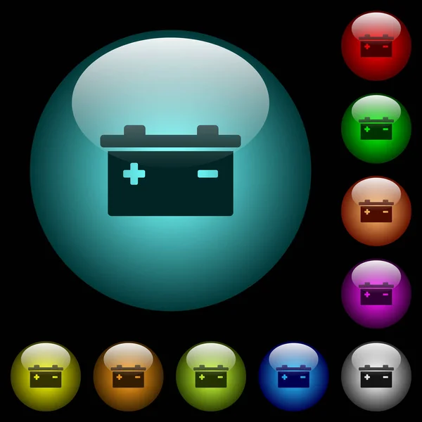 在黑色背景下 彩色照明球形玻璃按钮的蓄能器图标 可用于黑色或深色模板 — 图库矢量图片