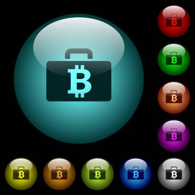 Renkli ışıklı küresel cam düğmeler siyah arka plan üzerine Bitcoin çanta simgeler. Siyah veya koyu şablonları için kullanılabilir