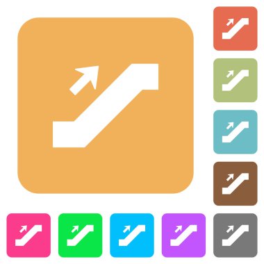 Yürüyen merdiven işareti düz simgeleri üzerinde yuvarlak kare canlı renkli arka planlar.