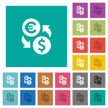 Euro dolar para Satım çok düz simgeler düz kare arka plan üzerinde renkli. Beyaz ve koyu kutsal kişilerin resmi varyasyon hover veya etkin efektleri dahil.