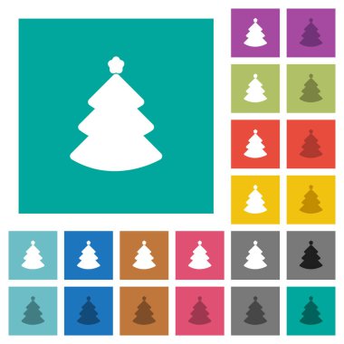 Noel ağacı çok düz simgeler düz kare arka plan üzerinde renkli. Beyaz ve koyu kutsal kişilerin resmi varyasyon hover veya etkin efektleri dahil.