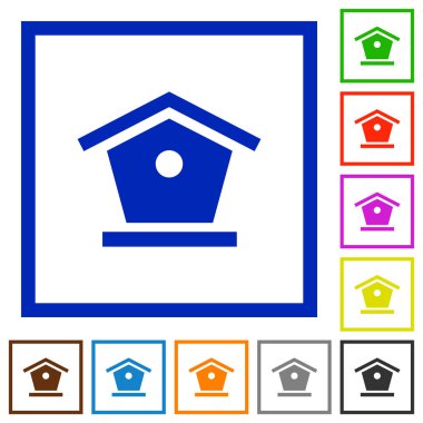 Kare kare beyaz arka plan üzerinde kuş besleyici düz renk simgeleri