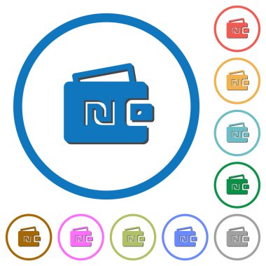 İsrail Yeni Şekeli cüzdan düz renk vektör simgeler gölgelerde ile özetliyor beyaz arka plan üzerinde yuvarlak