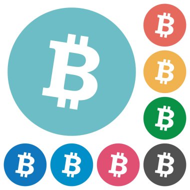 Bitcoin dijital cryptocurrency düz beyaz simgeleri yuvarlak renkli arka planlar