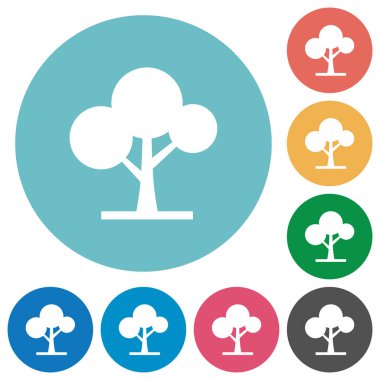 Yapraklı ağaç düz beyaz simgeleri yuvarlak renkli arka planlar