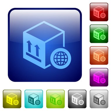 Yuvarlatılmış kare renkli parlak düğme içinde dünya çapında paket ulaşım Icons set