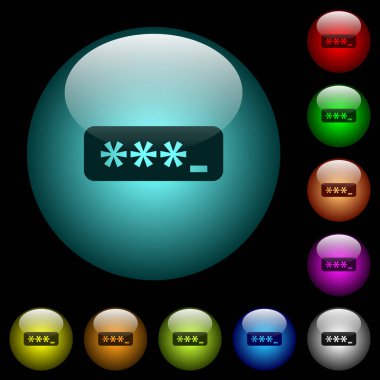 Renkli ışıklı küresel cam düğmeler siyah arka plan üzerine PIN kodu simgeler. Siyah veya koyu şablonları için kullanılabilir