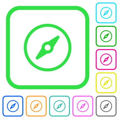 Beyaz arkaplan üzerinde eğri kenarlıklarda basit pusula renkli düz simgeler