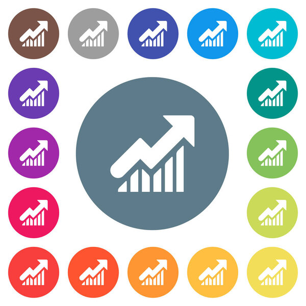 Rising graph flat white icons on round color backgrounds. 17 background color variations are included.