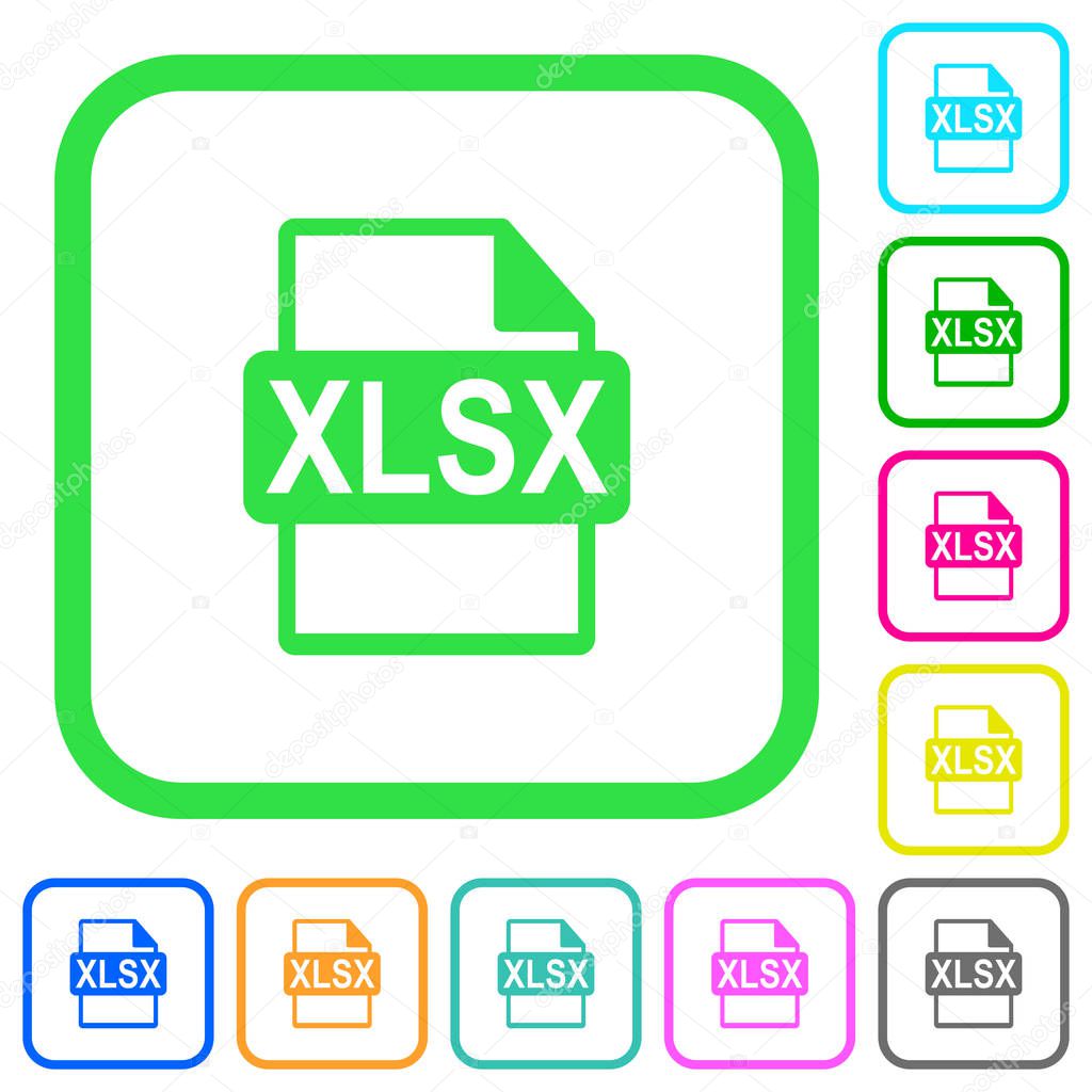 XLSX file format vivid colored flat icons in curved borders on white background