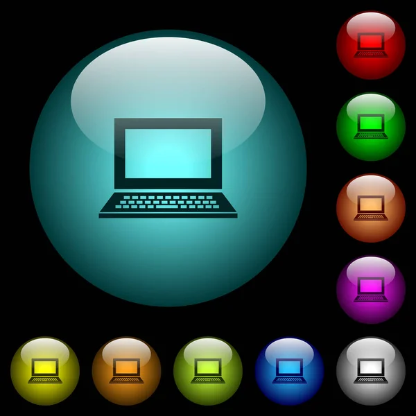 带有空白屏幕图标的笔记本电脑 在黑色背景下的彩色亮球形玻璃按钮 可用于黑色或深色模板 — 图库矢量图片