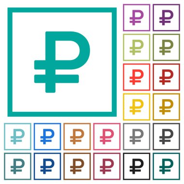 Çeyreği kare beyaz arka plan üzerinde renkli simgelerle Rublesi işareti düz