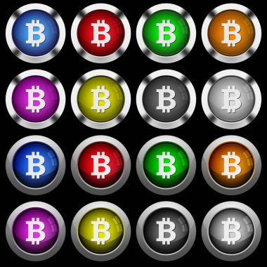 Bitcoin işaret yuvarlak parlak düğmeler siyah arka plan üzerine çelik çerçeveli simgeleri beyaz. İki farklı stilleri ve sekiz renk düğmeleri vardır.