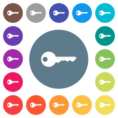 Emniyet anahtar düz beyaz simgeleri yuvarlak renkli arka planlar. 17 arka plan renk değişimleri dahil.