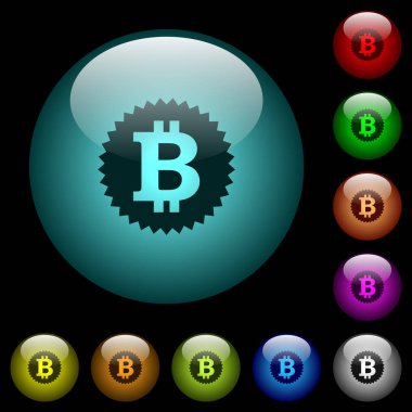 Bitcoin renkli ışıklı küresel cam düğmeler siyah arka plan üzerine etiket simgeler. Siyah veya koyu şablonları için kullanılabilir