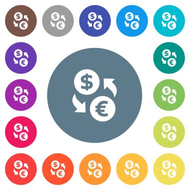 Dolar Euro para değişimi yuvarlak renkli arka planlar üzerinde düz beyaz simgeler. 17 arka plan renk değişimleri dahil.
