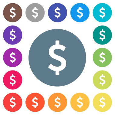 Dolar işareti düz beyaz simgeleri yuvarlak renkli arka planlar. 17 arka plan renk değişimleri dahil.