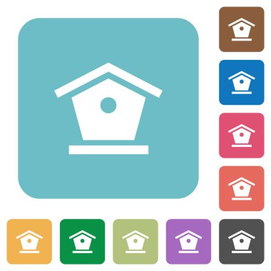 Renkli yuvarlak kare arkaplan üzerinde kuş besleyici beyaz düz simgeler