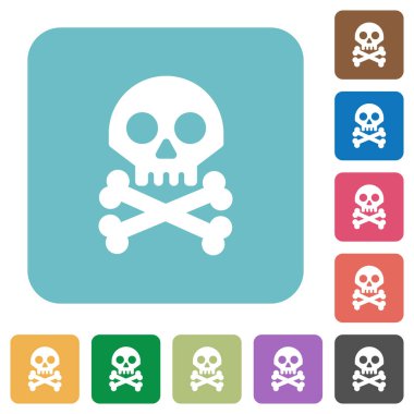 Kafatası kemikleri beyaz renkli yuvarlak kare arka planlar üzerinde düz simgeleri ile