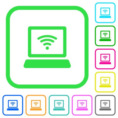 Dizüstü bilgisayar ile kablosuz simgesi canlı renkli düz simgeler beyaz arka plan üzerinde eğri sınırları içinde