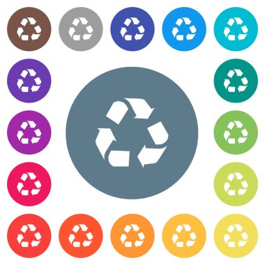 Yuvarlak renkli arka planlar üzerinde düz beyaz simgeleri geri dönüşüm. 17 arka plan renk değişimleri dahil.