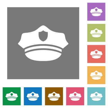 Polis basit renkli kare arka planlar üzerinde düz simgeler şapka