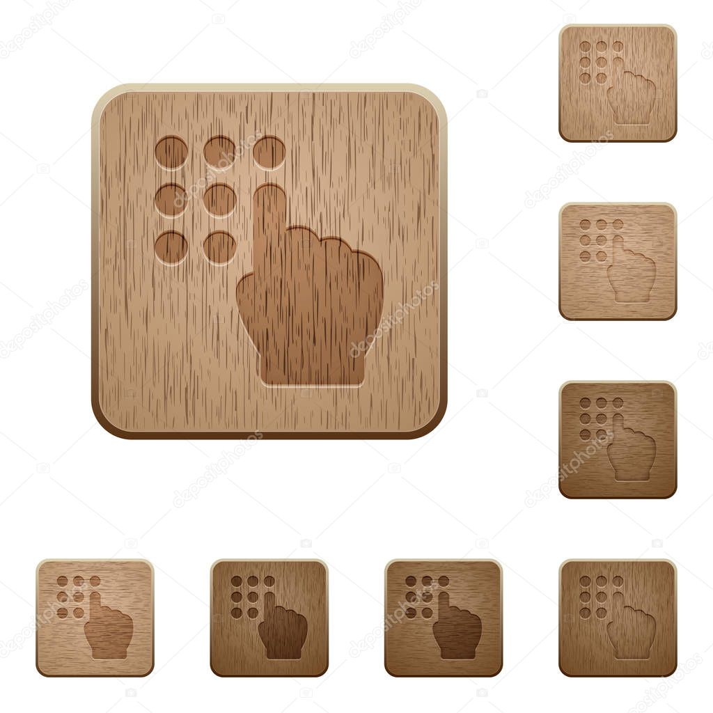 Typing security code on rounded square carved wooden button styles