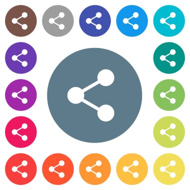 Yuvarlak renkli arka planlar üzerinde düz beyaz simgeler paylaşmak. 17 arka plan renk değişimleri dahil.