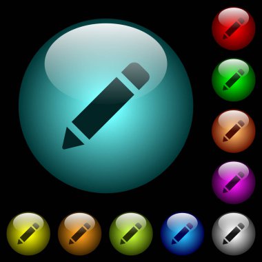 Renkli ışıklı küresel cam düğmeler siyah arka plan üzerine kauçuk simgeleri tek kalemle. Siyah veya koyu şablonları için kullanılabilir