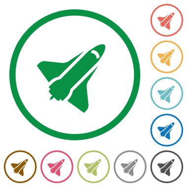 Uzay mekiği düz renk simgeleri özetliyor beyaz arka plan üzerinde yuvarlak