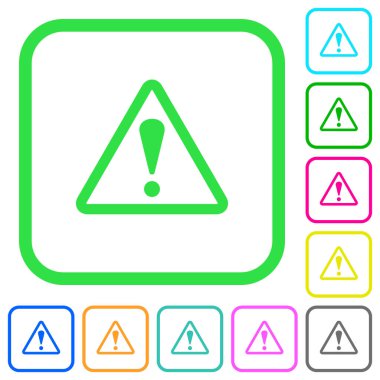 Üçgen uyarı işareti beyaz arka plan üzerinde eğri sınırları içinde canlı renkli düz simgeler şeklinde.