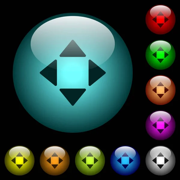 控制箭头图标在彩色照明球形玻璃按钮黑色背景 可用于黑色或深色模板 — 图库矢量图片