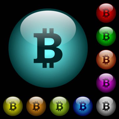 Renkli ışıklı küresel cam düğmeler siyah arka plan üzerine Bitcoin işareti simgeler. Siyah veya koyu şablonları için kullanılabilir