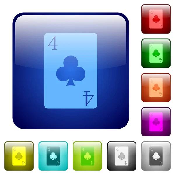 クラブの つのカードの丸みを帯びた正方形の色の光沢のあるボタンのセットのアイコン — ストックベクタ