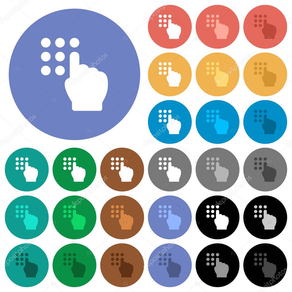 Typing security code multi colored flat icons on round backgrounds. Included white, light and dark icon variations for hover and active status effects, and bonus shades on black backgounds.