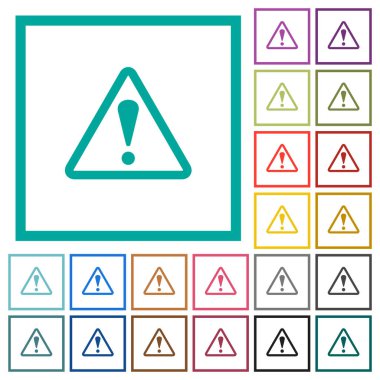 Beyaz arkaplanda çeyrek çerçeve içeren üçgen şekilli uyarı işareti düz renk simgeleri