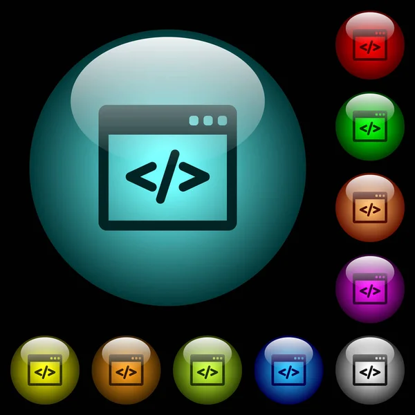 Código Programación Iconos Ventana Software Colores Iluminados Botones Vidrio Esférico — Vector de stock