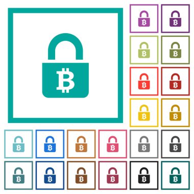 Bitcoins düz renk simgeleri çeyreği çerçeveler ile beyaz arka plan üzerinde kilitli