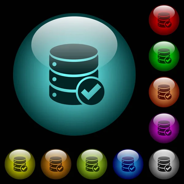 数据库确定图标在彩色照明球形玻璃按钮黑色背景 可用于黑色或深色模板 — 图库矢量图片