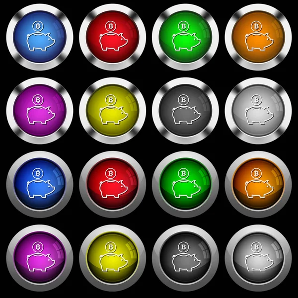 比特币存钱罐白色图标在圆光泽按钮与钢框架在黑色背景 按钮有两种不同的样式和八颜色 — 图库矢量图片