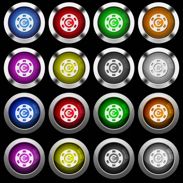欧洲赌场芯片白色图标在圆形光泽按钮与钢框架在黑色背景 按钮有两种不同的样式和八颜色 — 图库矢量图片